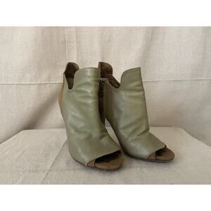 Time Postmodern Green Tan Suede Leather Open Toe Heels Women Size 7 Old Money
